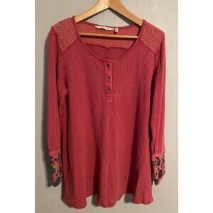 Soft Surroundings Blouse Womens Large Red Crochet Henley Tunic Top Boho Floral